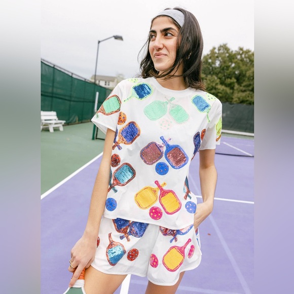 QUEEN OF SPARKLES Sequin PICKLEBALL Active Tee NWT - Picture 3 of 7